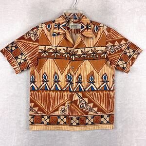 VTG Malihini Hawaiian Shirt Mens M Brown Loop Collar Tribal Aloha Tiki 60s 70s